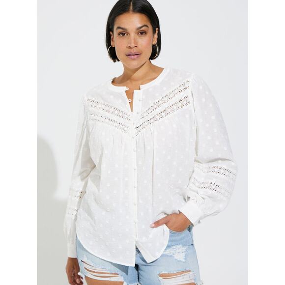 Torrid Cotton Clip Dot Collarless Lace Trim Long Sleeve Top White Plus Size 1 1X - Picture 1 of 9